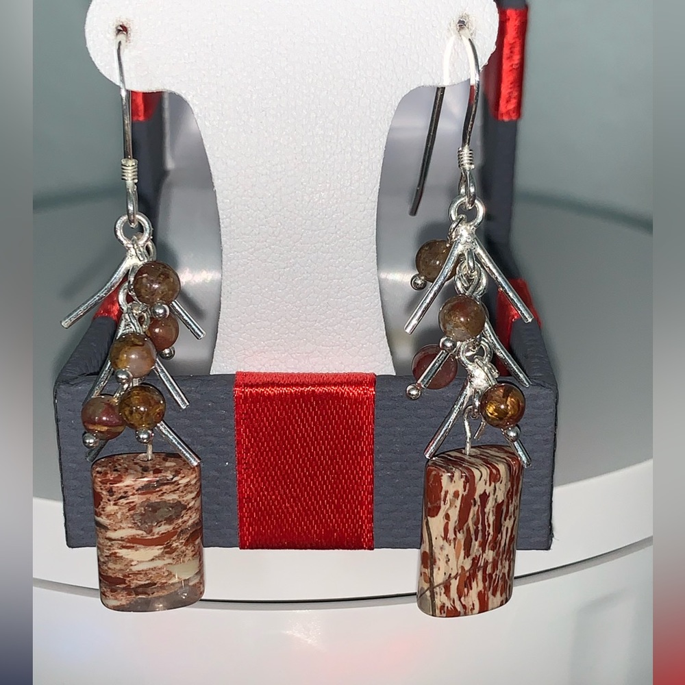 OOAK NWT Vintage Banded Brown & White Jasper Sterling Boho Earrings